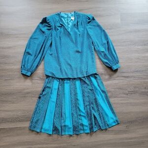 Adolf Schuman for Lilli Ann Vintage Blue & Green Pleated Drop Waist Dress